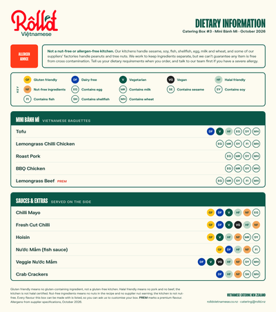 Catering Box 3 dietary information: every flavour with dietary and allergen badges